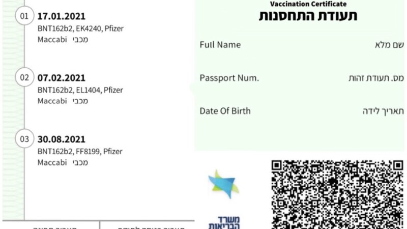 תעודת מחוסן נוכחית. קרדיט: אתר משרד הבריאות