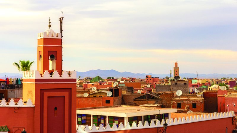 Minaret tower on the historical walled city (medina) in Marrakech. Morocco