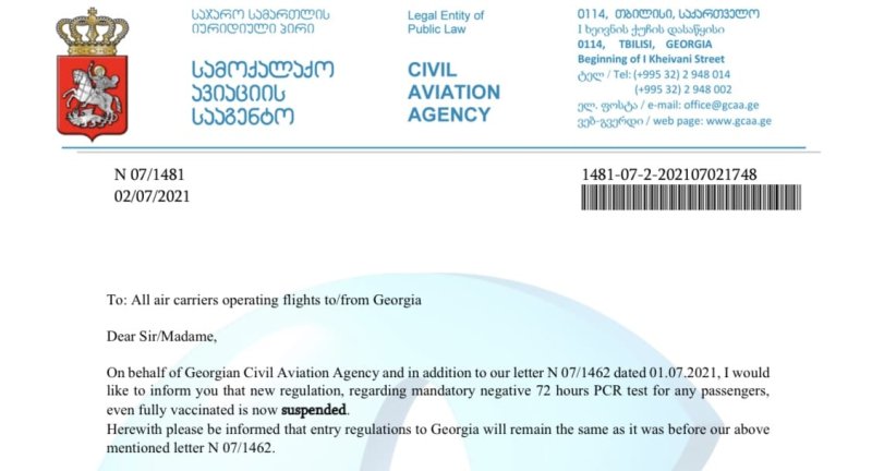 צילום: מתוך מכתב רשות התעופה הגאורגית לחברות התעופה ב-2.7
