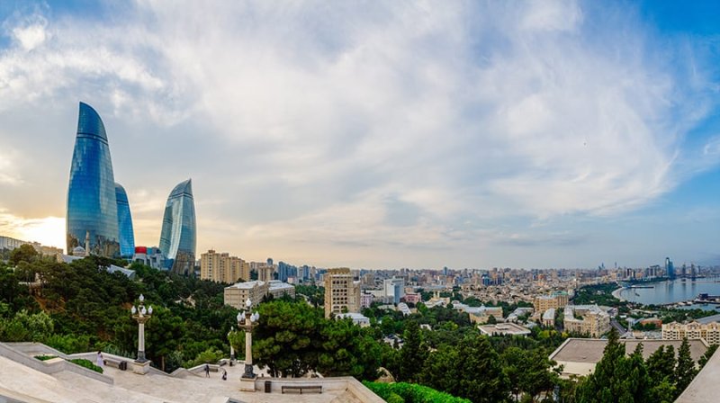 Overview panorama of central city business district in the sunset, Baku, Azerbaijan