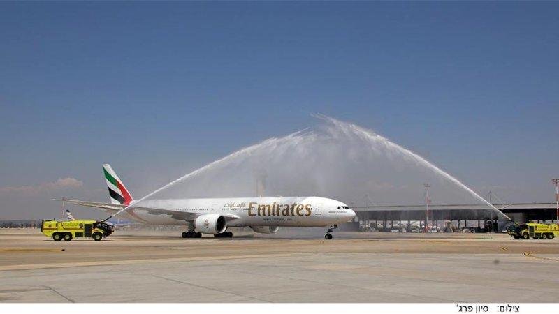 Emirates plane at Ben Gurion Airport on its inaugural flight in June 2022. Photo: Sivan Farag