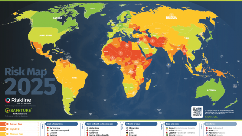 מפת המדינות המסוכנות בעולם (צילום: safeture)